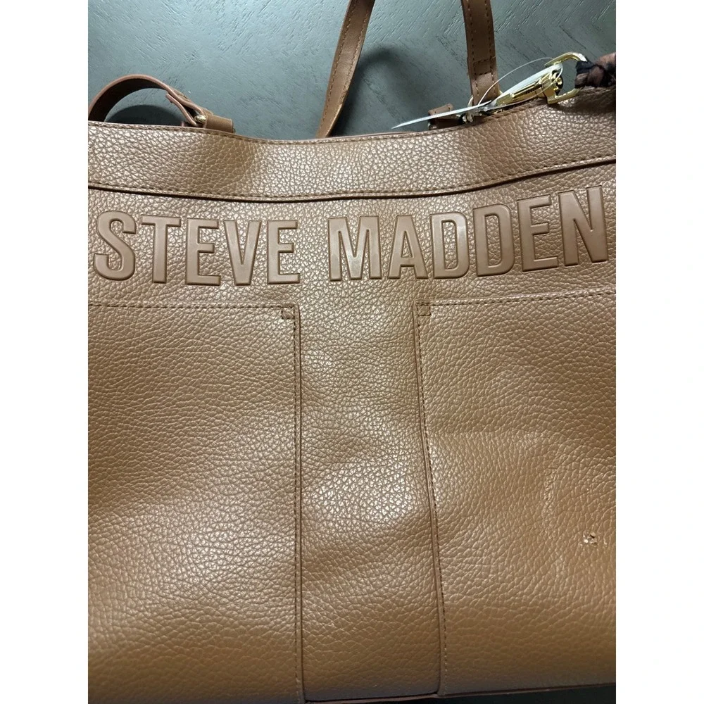 Steve‎ Madden Cognac Brown Pebbled Tote Bag Leopard Print Lining Embossed Logo
